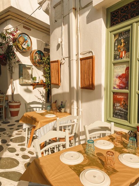 #naxos #greece #greeceguide #cyclades #europe #europetraveltips #travel #village #aesthetic #summervibes #islandlife #restaurant Village Aesthetic, Naxos Greece, Naxos Island, Greece Holiday, Coffee Shop Design, Fancy Restaurant, Gap Year, Travel List, Europe Travel Tips