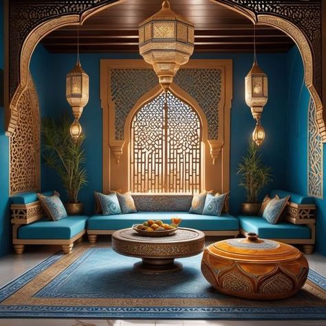 Middle Eastern Inspired Decor, Arabian Home Decor, Arabian Interior Design, Turkish Interior Design, Arabian Interior, Marocco Interior, Islamic Living Room, Dekorasi Maroko, Salon Art Deco