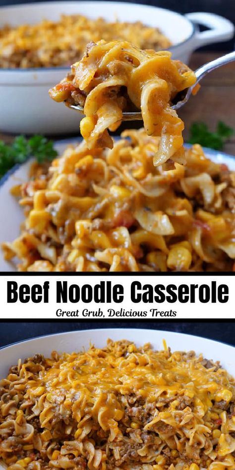 Beef Noodle Casserole is a flavorful and easy main dish recipe, made with seasoned ground beef, egg noodles, tomato sauce, corn and lots of delicious cheese, and is great served hot with crusty bread. Easy Meat Casserole Recipes, Crock Pot Main Dishes, Recipes With Ground Beef And Egg Noodles, Ground Beef Recipes Few Ingredients, Ground Beef Recipes Without Cheese, Ground Beef Hot Dish Recipes, Tallerine Recipe, Ground Meat Casserole Recipes, Egg Noodle Dinner