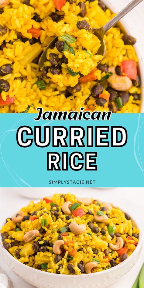 Two image collage of Jamaican curried rice. First image is a close up of the rice with a spoon. Second image is a bowl of rice. Rice Dishes Healthy, Curry Rice Recipes, Curried Rice, Rice Side Dish Recipes, Jamaican Dishes, Rice Side Dishes, Curry Rice, Easy Side Dish, Curry Dishes