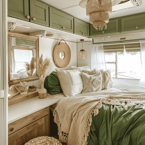 33 RV Remodeling Ideas ** SEE THEM NOW ** Camper Repaint Interior, Rv Color Palette, Remodeled Small Campers, Camper Redo Travel Trailer Remodel, Off Grid Camper Living, Bohemian Camper Decor, Camper Renovation Bedroom, Cheap Camper Remodel Ideas Diy, Renovated Camper Ideas