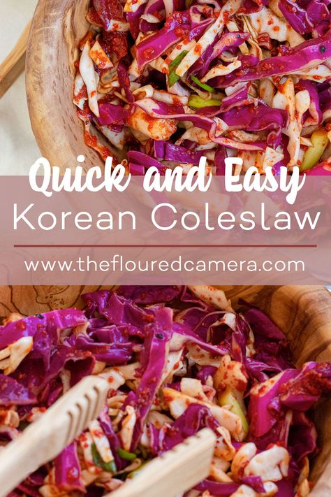 Korean Red Cabbage Slaw, Korean Cabbage Slaw, Spicy Vinegar Coleslaw Recipe, Kimchi Slaw Recipes, Korean Slaw Recipes, Korean Coleslaw Recipe, Chapchae Recipe, Kimchi Coleslaw, Korean Coleslaw