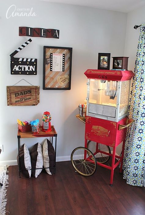 DIY Media Room Ideas - Popcorn Machine - Fun Things to Make for Media Rooms - Decorating Ideas Like Sofas and Seating, Chairs, TV Stands, Remote Holders and Shelving Tutorials - Creative Furniture for Movie Rooms and Video Game Stations #mediaroom #diydecor #mediaroom #diydecor Popcorn Machine In Home Decor, Media Room Decor Ideas, Popcorn Machine In Home, Mini Theater Room, Fun Things To Make, Media Room Ideas, Media Room Decor, Family Room Makeover, Family Fun Night