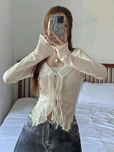 White Long Sleeve Cardigan, Cardigan Y2k, Tied T Shirt, Pullover Outfit, Top Outfit, Women T Shirts, Korean Street Fashion, Crochet Cardigan, Fall Outfits Women