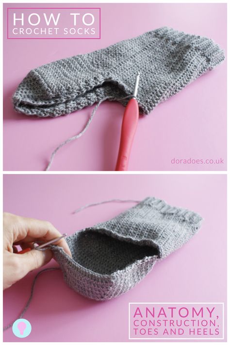 Think socks are just for knitters? Think again!! Learn how socks are constructed (including an explanation of all that jargon!) and what needs to be considered when choosing your crochet stitch and crocheting heels and toes! If you’re new to crochet socks or interested in crochet design, this one is for you! Pull your crochet socks up with pride!! #crochetsocks #handmadesocks Crochet Ribbon Socks, Easy Crochet Socks, Crochet Baby Socks, Crochet Socks Pattern, Handmade Socks, Crochet Socks, Crochet Design, Single Crochet Stitch, Basic Crochet Stitches