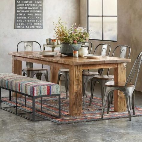 School House Dining Table, $2,295  BUY NOW  Boards made from the pine floors of Wisconsin's Old Norwalk School House top this rough-and-tumble trestle table. Floor Boards, Farmhouse Kitchen Tables, Reclaimed Wood Table, Reclaimed Furniture, Pine Floors, School House, Wood Dining Chairs, Art Deco Furniture, Old Farm