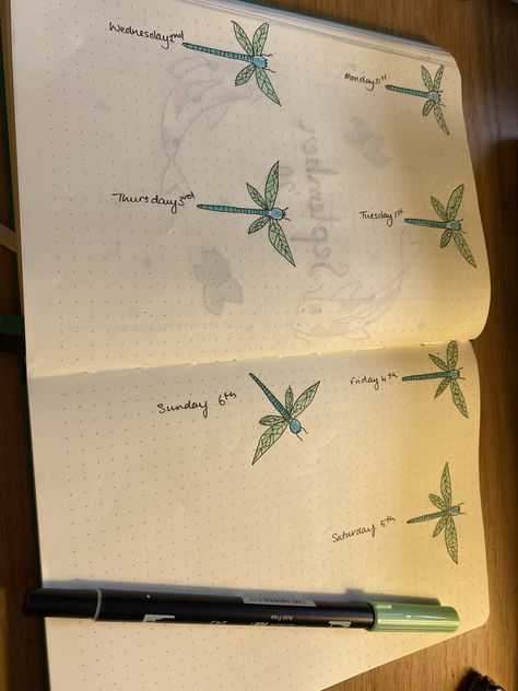 Dragonfly Bujo Theme, Dragonfly Pond, May Themes, Bulletin Journal, Bujo Weekly Spread, Bullet Journal Weekly Spread, Bullet Journal Themes, Bullet Journal Writing, Journal Themes