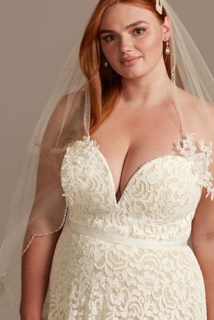 Sweetheart Plunge Lace Plus Size Wedding Dress | David's Bridal Lace Plus Size Wedding Dress, Wedding Dress With Sash, Plus Size Wedding Dress, Davids Bridal Wedding Dresses, Wedding Dress Sash, Tea Length Dresses, Lace Wedding Dress, Plus Size Wedding, Book An Appointment