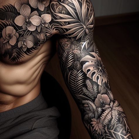 Celebrate your love for nature with delicate plant tattoos. Perfect for a subtle yet meaningful design #tattoo #tattoo_for_woman #tattoo_ideas #tattoo_art #tattoo_sketch #tattoo_for_man Paradise Sleeve Tattoo, Floral Men’s Sleeve Tattoo, Back Tattoo Cover Up Ideas Men, Plants Tattoo Sleeve, Plants Tattoo Design, Plant Tattoo Men, Mens Tattoo Sleeve, Plant Tattoo Sleeve, Plant Sleeve Tattoo