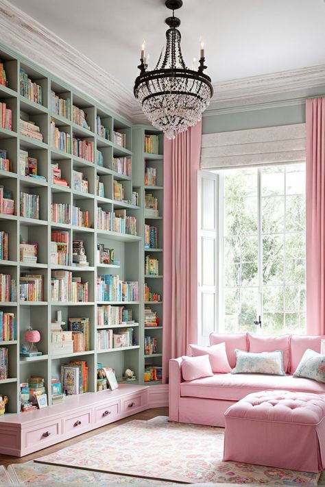 Shabby chic library room for girls with a pink color palette Ladies Library Room, In Room Library, Kids Built In Bookshelves, Feminine Library Room, Shabby Chic Library, Girly Home Library, Cute Library Room, Pink Home Library, French Library Aesthetic