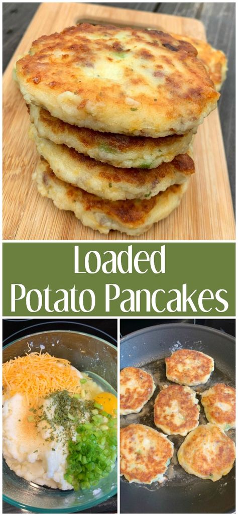 Loaded Potato Pancakes with a crispy fried outside and a gooey cheese inside. An easy and delicious recipe Deep Fried Potato Pancakes, Cheesy Mashed Potato Pancakes, Loaded Potato Pancakes, Cheesy Potato Pancakes Recipe, Potato Pancakes With Cheese, Cheesy Potato Patties, Loaded Potato Cakes, Loaded Mashed Potato Cakes, Cheesy Potato Cakes