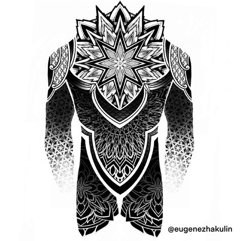 Chest Tattoo Men Ideas Geometric, Mandala Belly Tattoo, Geometric Chest Tattoo Men, Mandala Tattoo Design For Men, Geometric Back Tattoo, Mandala Chest Tattoo, Tattoo Back Piece, Mandala Tattoo Back, Mandala Tattoo Men