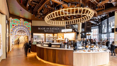 Italian food hall Eataly’s long-awaited first UK site has opened on Broadgate in the City of London Illy Coffee, Italian Recipes Dessert, Liverpool Street, Pasta Fresca, Food Hall, Food Chain, Wood Fired Pizza, Wine Collection, Food Market