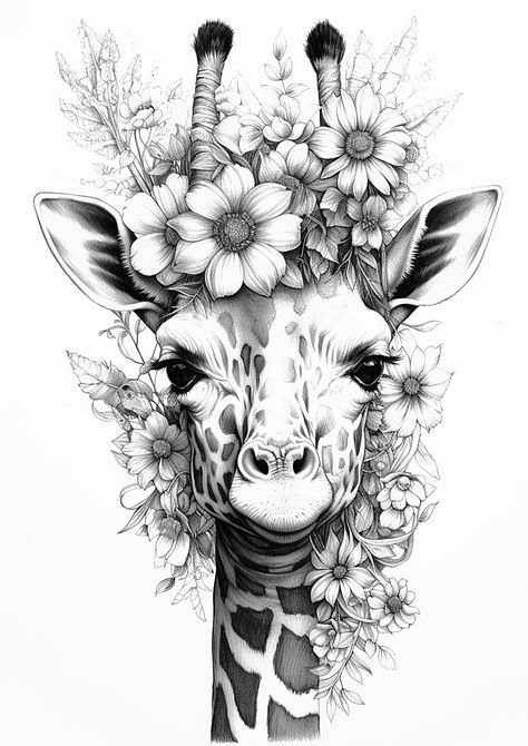 Animal Flower Drawing, Animal And Flower Drawing, Tattoo Animal Ideas, Animal Leg Tattoos Women, Mama Giraffe Tattoo, Animal Tattoo Leg Sleeve, Animals And Flowers Tattoo, Giraffe Leg Tattoo, Animal With Flowers Tattoo