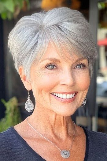 Save this pin for the best pixie haircuts for women over 70. This rounded cut has a beautiful, feathered fringe that adds a gentle touch to this short style. The rounded shape creates a natural curve for a full-bodied look. Short Feathered Haircuts, Feathered Haircuts, Haircuts For Women Over 70, Feathered Fringe, Pixie Haircuts For Women, Pompadour Style, Short Curly Pixie, Wavy Pixie, Feathered Bangs