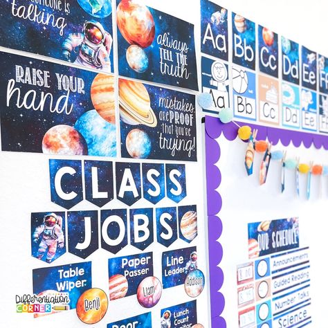 Transform your classroom into a cosmic adventure! 🌌✨ This space theme classroom decor is perfect for igniting imaginations and bringing the universe into your classroom. Time to reach for the stars! 👉https://bit.ly/3UufcYL #spaceclassroom #spacethemeclassroom #teachertribe #teachershare #teachersfollowteachers #teachingideas #teachersofthegram #classroomdecor #classroominspo #classroomtransformation Reach For The Stars Classroom Theme, Space Themed Classroom, Old Classroom, Space Theme Classroom, Daily Schedule Cards, Stars Classroom, Space Classroom, Classroom Goals, Schedule Cards