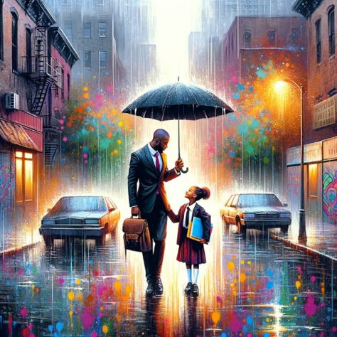 The image vividly captures a touching moment between a Black father and his daughter walking home from school in an inner-city setting under the rain, rendered in the dynamic style of spray paint splash and oil painting. The father, holding an umbrella over both of them, provides protection and warmth, while his daughter, clutching her school books, looks up at him with admiration and trust. The vibrant colors set against the grey, rainy backdrop highlight the warmth and love shared between them Walking Home From School, Father And His Daughter, Happy Fathers Day Cake, Holding An Umbrella, Rain Painting, Fathers Day Cake, Under The Rain, Black Fathers, School Books