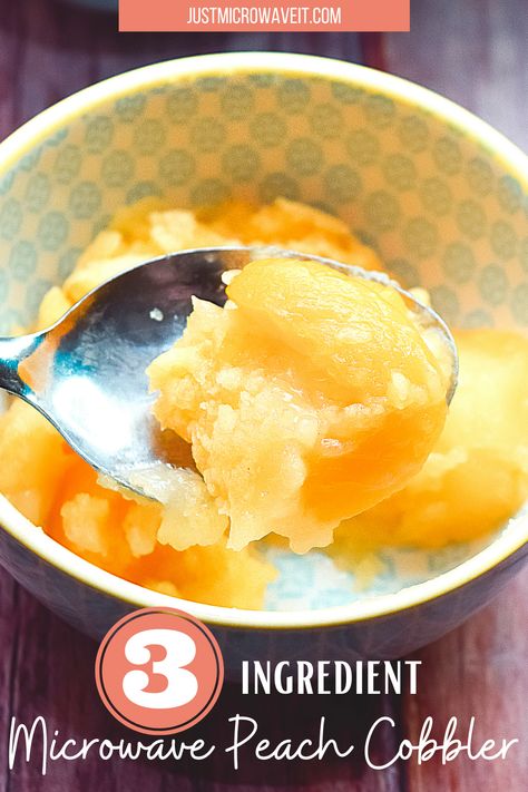 Make a cobbler in the microwave! Who knew? You can make this easy peasy Microwave 3-Ingredient Peach Cobbler in just minutes! #peaches #peachcobbler #peachpie #justmicrowaveit #microwaverecipes #cobblerrecipes Mug Peach Cobbler Microwave, Mug Peach Cobbler, Mug Cobbler Microwave, Microwave Cobbler, Peach Cobbler In A Mug, Cobbler In A Mug, Microwave Cake Mix, Can Peach Cobbler, Microwave Recipes Dessert