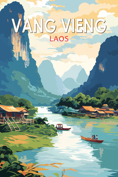 Retro-style poster of Vang Vieng, Laos, depicting its scenic landscapes and tranquil river, blending natural beauty with vintage art charm. Laos Culture, Vang Vieng, Art Deco Travel Posters, Laos Travel, Vintage Postcards Travel, Travel Drawing, Vientiane, Retro Vector, Travel Postcard