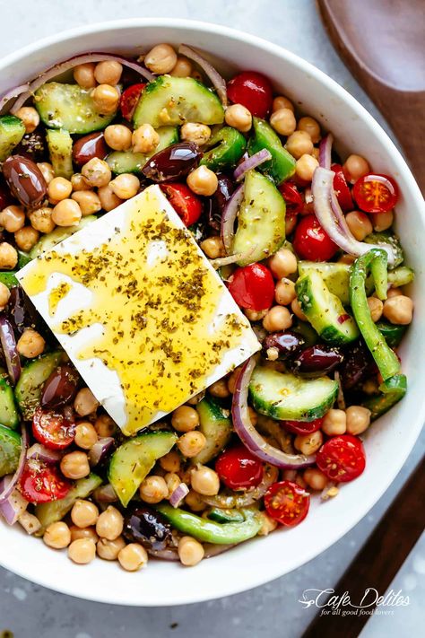 Greek Chickpea Salad is healthy and filling! | cafedelites.com Authentic Greek Salad Dressing, Authentic Greek Salad, Greek Salads, Greek Chickpea Salad, Vegan Greek, Greek Salad Dressing, Chickpea Salad, Greek Salad, Salad Dressing