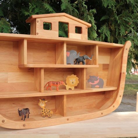 Wooden Noah’s Ark, Noahs Ark Playroom, Noahs Ark Themed Nursery, Noahs Ark Nursery Ideas, Noah Ark Nursery, Shelf For Toys, Noah's Ark Nursery, Twin Boys Room, Minimalist Baby Room