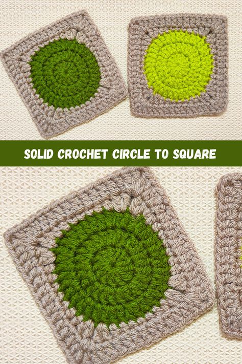 Seamless Solid Crochet Circle To Granny Square Pattern #crochetcircle #crochetgrannysquare #crochetsquare #crochetcircletosquare Granny Circle In A Square, Solid Circle Granny Square, Circle To Granny Square Pattern, Circle In A Square Crochet, Crochet Circle Square Pattern, Crochet Circle To Square Pattern, Crochet Circle Into Square, Crochet Circle Square, Circle To Square Crochet