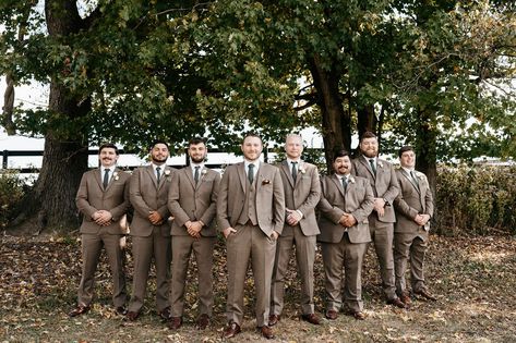 Tuxedo by Sarno Groomsmen stepping into earthly elegance with a touch of class. Embracing the power of brown suits ~this wedding style transforms any setting into a timeless one. Ready for your Free Groom Consultation? Visit us online today! 💼 Groomsmen Attire Brown, Brown Wedding Party, Brown Groomsmen Suits, Brown Wedding Suit, Brown Tux, Navy Blue Tux, Rustic Groomsmen Attire, Brown Groomsmen, Blue Tux