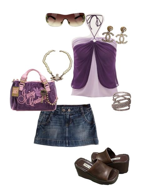 Cute y2k fit ♡ Early 2000s Fashion Skirts, Y2k Girly Fashion, Mcbling Summer Outfits, 2000s Fashion Outfits Skirts, Real Y2k Fashion, Girly Y2k Outfits, Purple Y2k Outfit, Y2k Girly Outfits, Real Y2k Outfits