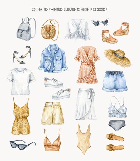 Fashion Outfits Summer Clothes-Watercolor stylish Casual | Etsy Watercolor Skirt Outfit, Shorts Sketch Fashion Illustrations, Watercolor Clothes Illustration, Summer Outfits Drawing, Summer Clothes Clipart, Clothes Clipart, Fashion Outfits Summer, Fashion Design Inspiration, Clothes Illustration