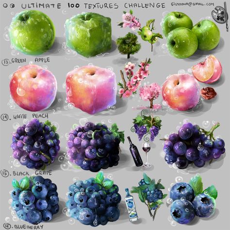 material texture study -green apple -pink peach -black grape -blueberry Digital Painting Techniques, 8bit Art, Poses References, Digital Painting Tutorials, Food Drawing, Digital Art Tutorial, Art Challenge, Art Studies, Food Illustrations