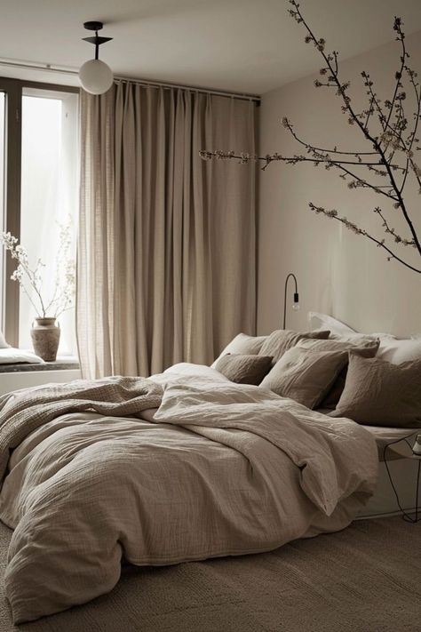 Greige Bedroom Ideas, Creamy Bedroom, Small Apartment Bedroom Decor, Minimal Bedroom Decor, Denmark House, Taupe Bedroom, Earthy Modern, Industrial Room, Minimal Bedroom