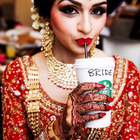 Brides & Their Coffees Make For The Cutest Portraits! | WedMeGood Wedding Hairsyles, March Photoshoot, Bridal Photoshoot Ideas, Starbucks Coffee Cup, India Wedding, Wedding Shoots, Indian Wedding Planning, Munaluchi Bride, Bridal Poses