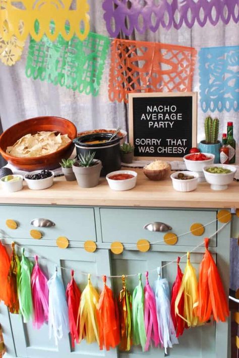 How to Throw a Nacho Bar Party - Hairs Out of Place Nacho Bar Decorations, Nacho Party Decorations, Nacho Graduation Party, Taco Party Ideas Kids Birthday, Nacho Themed Party, Nacho Birthday Party, Nacho Bar Baby Shower Ideas, Taco Bar Decorations, Food Bar Ideas For Parties