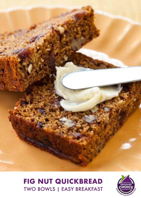 This walnut quick bread recipe is as simple as stir and bake. Slice into the walnut quickbread studded with sweet California dried figs, best served warm. #valleyfig #figquickbread #figbread Fig Quick Bread, Walnut Quick Bread, Fig Recipes Dessert, Dried Fig Recipes, Fig Bread, Date Nut Bread, Baked Breakfast, Nut Bread Recipe, Quick Bread Recipe