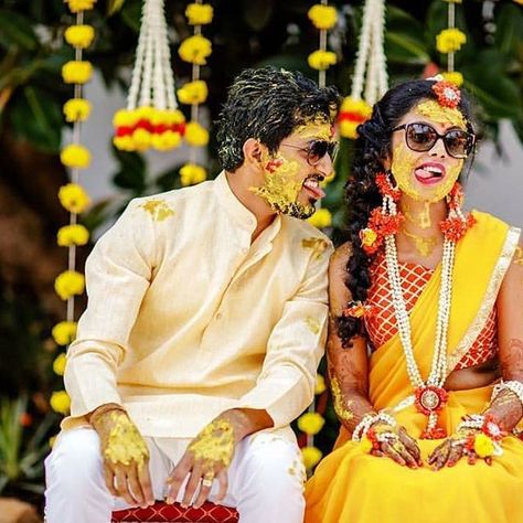 Image may contain: 2 people, people standing and sunglasses Haldi Bride Poses, Haldi Bride, Haldi Photoshoot, Haldi Ceremony Outfit, Wedding Photography Bridal Party, Marriage Photography, Indian Wedding Photography Couples, Bridal Photography Poses, Indian Wedding Couple Photography