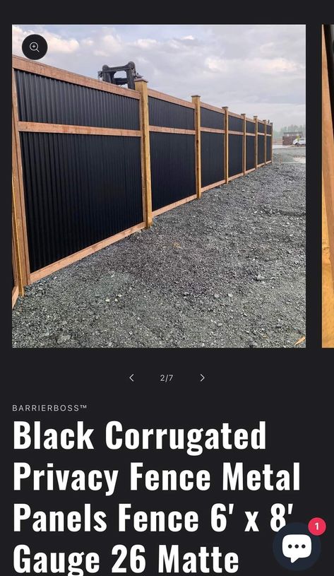 Concrete Privacy Fence, Black Metal And Wood Fence, Coragated Fence Ideas, Fence With Metal Panels, Galvanized Fence Ideas, Cheapest Fence Ideas, Cheap Backyard Fence Ideas, Wood Grain Vinyl Fence, Privacy Fence Landscaping