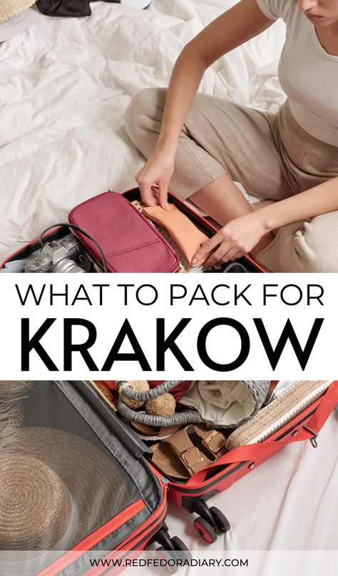 Traveling to Krakow and don't know what pack? This detailed guide on what to wear in Krakow provides information on what to pack for Krakow for each month | What to pack for Krakow | Packing list for Krakow | Krakow outfit ideas | Krakow packing list | Krakow itinerary | things to do in Krakow | summer in Krakow | spring in Krakow | autumn in Krakow | winter in Krakow Krakow Autumn, Krakow Outfits, Krakow Winter, Krakow Itinerary, Krakow Summer, Packing List For Women, Red Fedora, Winter Packing List, Packing Hacks