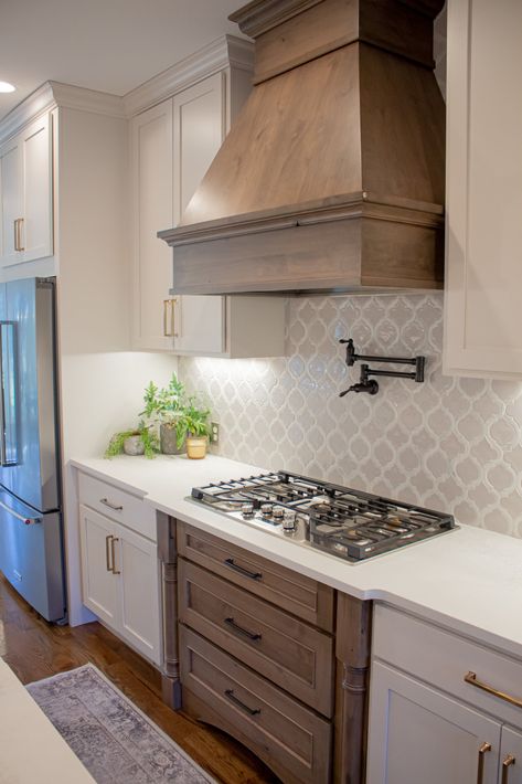 Modern Farmhouse Range Hood Cover, Hood Over Cooktop, French Country Oven Hood, Custom Kitchen Range Hood, Wood Stove Hood White Cabinets, Kitchen With Wood Hood Over Stove, Kitchen With Decorative Hood, Over The Stove Hood Ideas, Farmhouse Kit Hen Cabinets