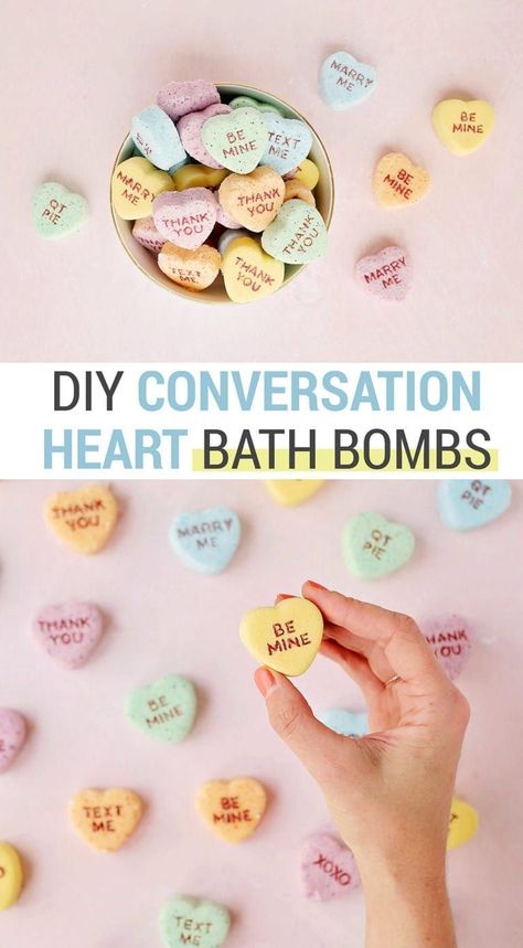 Make Valentine's Day extra special and unique with these easy, colorful DIY conversation heart bath bombs. They look just like conversation hearts, and they smell good enough to eat, too! Put them in a cute little bag for adorable Valentines instead of the store-bought cards for your kids' classroom party! Bath Boms, Bath Bomb Recipes, Conversation Heart, Creative Diy Gifts, Valentine's Day Quotes, Homemade Bath Products, Converse With Heart, Diy Valentines Gifts, Valentine's Day Diy