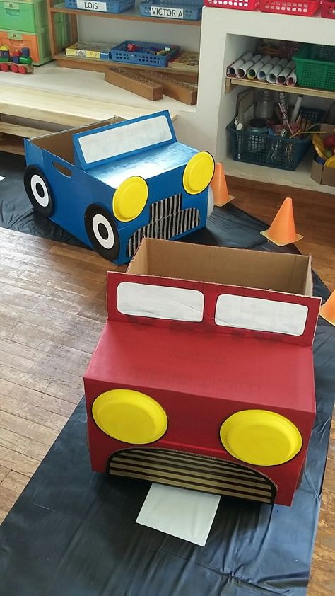 Kindy 500, Cardboard Cars, Cardboard Box Car, Cardboard Crafts Kids, Cardboard Car, Transportation Birthday, Car Birthday Theme, Cardboard Box Crafts, Race Car Birthday