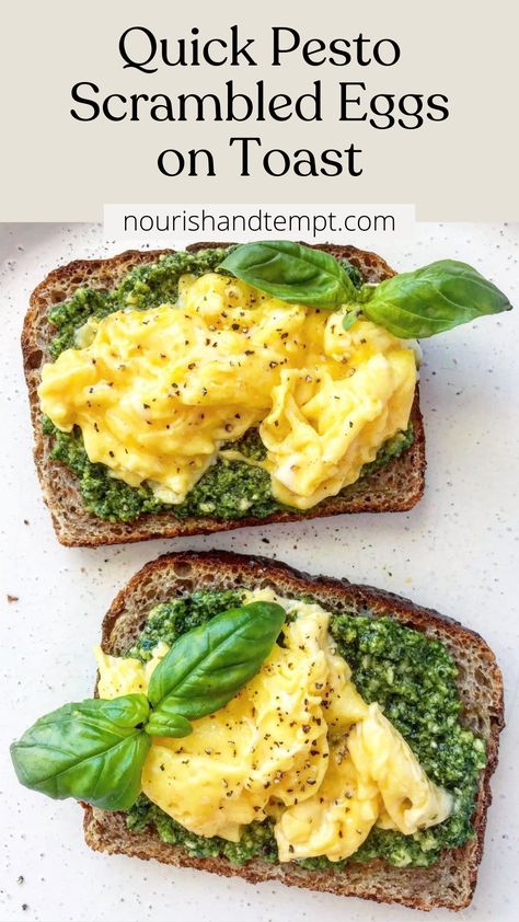 Two slices of toast topped with pesto, scrambled eggs and a garnish of fresh basil. Pesto Eggs Scrambled, Egg Pesto Breakfast, Breakfast Toast Savory, Aesthetic Savory Breakfast, Pesto Toast Breakfast, Pesto Avocado Toast, Eggs With Pesto, Pesto Egg Sandwich, Scrambled Eggs With Veggies