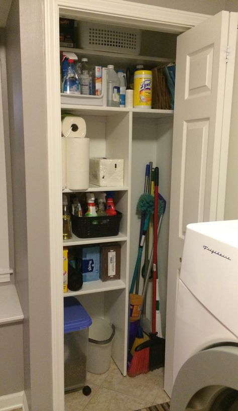 Storage solution for small utility closet Small Utility Cupboard Ideas, Small Utility Closet Ideas, Small Utility Room Ideas Layout Storage, Utility Closet Makeover, Cleaning Supply Storage Ideas, Small Utility Closet, Small Hall Closet, Cleaning Supplies Storage, Broom Closet Organizer