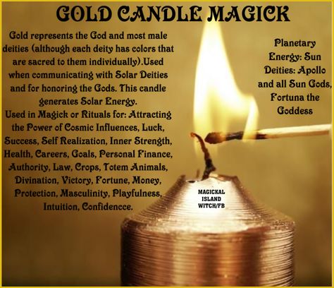 Gold Candle Spell, Gold Candle Magic Spells, Gold Candle Meaning, Gold Candle Magic, Candle Color Meanings Magic, Witchcraft Candle Magic, Candle Magic Colors, Candle Meanings, Candle Magik