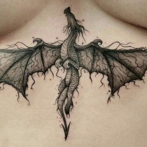 Dragon Tattoo Chest, Underboob Tattoo Designs, Emo Tattoos, Violet Sorrengail, Goth Tattoo, Dragon Tattoo For Women, Chest Piece Tattoos, Chest Tattoos For Women, Creepy Tattoos