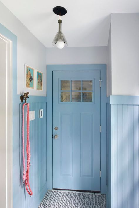 Light Blue Wainscoting, Powder Blue Kitchen, Blue Wainscoting, Laundry Room And Mudroom, Blue Painted Door, Laundry Mudroom, Green Laundry, Eclectic Wallpaper, Right Here Right Now