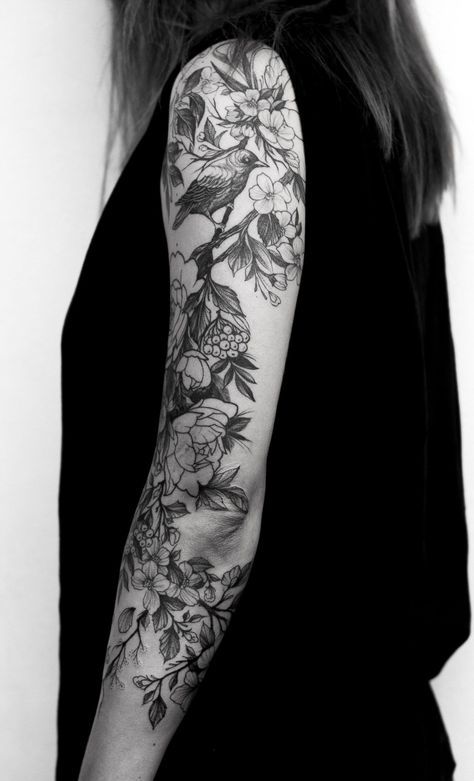 Black Line Cover Up Tattoo, Floral Tattoo Sleeve Black And White, Botanical Sleeve Tattoo Wild Flowers, Botanical Sleeve Tattoos For Women, Woodland Sleeve Tattoo, Botanical Tattoo Sleeve Black, Three Quarter Sleeve Tattoo, Woodland Tattoo Sleeve, Botanical Sleeve Tattoo