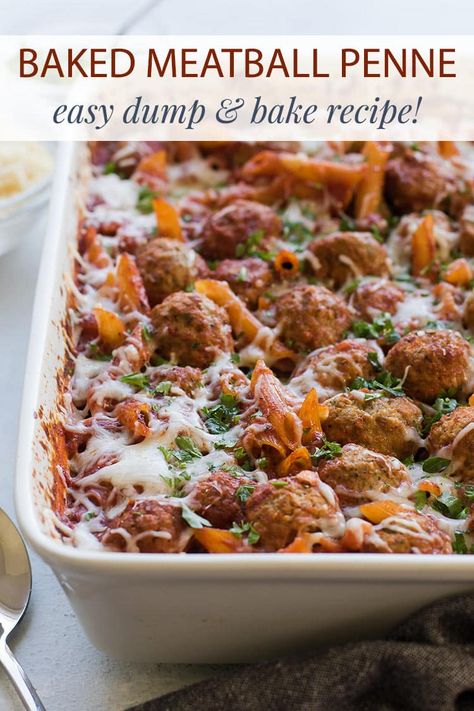 Baked Pasta Meatballs, No Cook Baked Pasta, Pasta Meatballs Bake, Baked Meatballs And Pasta, Oven Cooked Pasta, One Pan Pasta Bake Easy Recipes, Penne Meatball Bake, Oven Baked Pastas, Oven Cooked Pasta Dishes