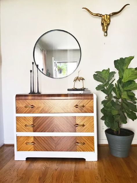 Antique Dresser Redo, Unfinished Wood Dresser, Craftsman Style Doors, Art Deco Dresser, Hand Painted Dressers, Cowhide Chair, Craft Supply Storage, Dresser Redo, Electric Sander