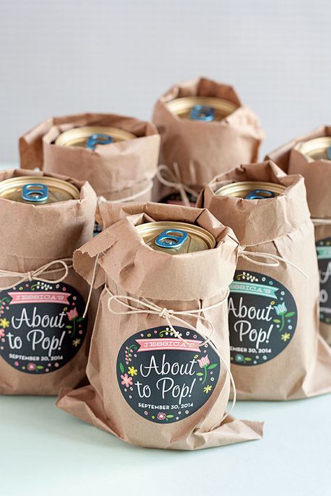 CafeMom.com : Custom Soda Pop Party Favor : 40 Adorable DIY Baby Shower Favors That Are Budget Friendly -- Give guests a can of soda pop to take home with a cute note attached so they can cheer to the happy news that the baby has arrived. Perlengkapan Bayi Diy, Bos Baby, About To Pop, Bebe Shower, Baby Shower Favors Diy, Babyshower Party, Baby Shower Labels, Boy Baby Shower Ideas, Baby Shower Bbq