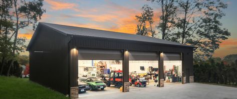 Pole Building Garage, Steel Garage Buildings, Garage Inspiration, Detached Garage Designs, Hobby Garage, Garage Shop Plans, Metal Garage Buildings, Metal Shop Building, Pole Barn Garage